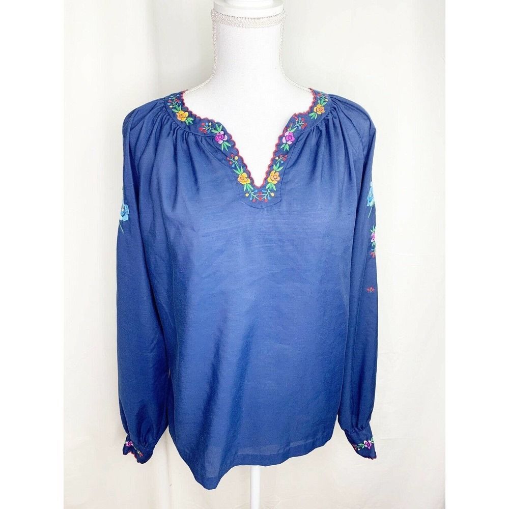 Vtg Hand Embroidered Floral Peasant Top Rich Blue - Picture 2 of 8